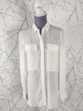 Helmut Lang Ivory Cupro Silk Blend Crinkle Sheer Blouse